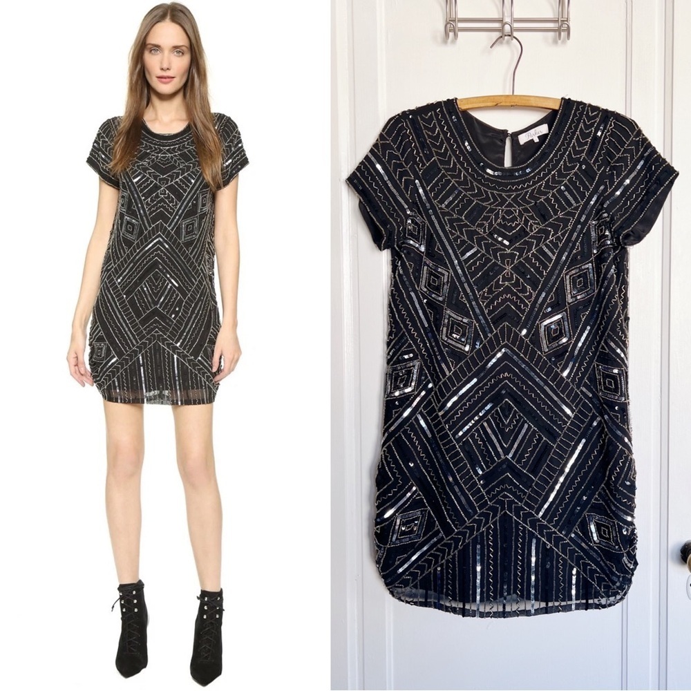 Parker • Topaz Dress mini shift cap sleeve beaded sequin cocktail black